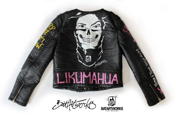 Painted leather jacket Chica Bandita back BatArtworks